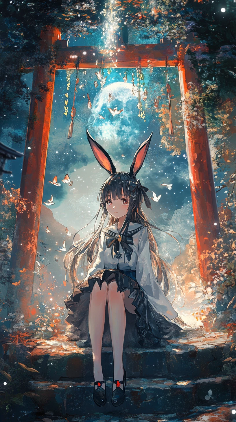 Chica de anime en sendero de piedra en bosque de bambú místico