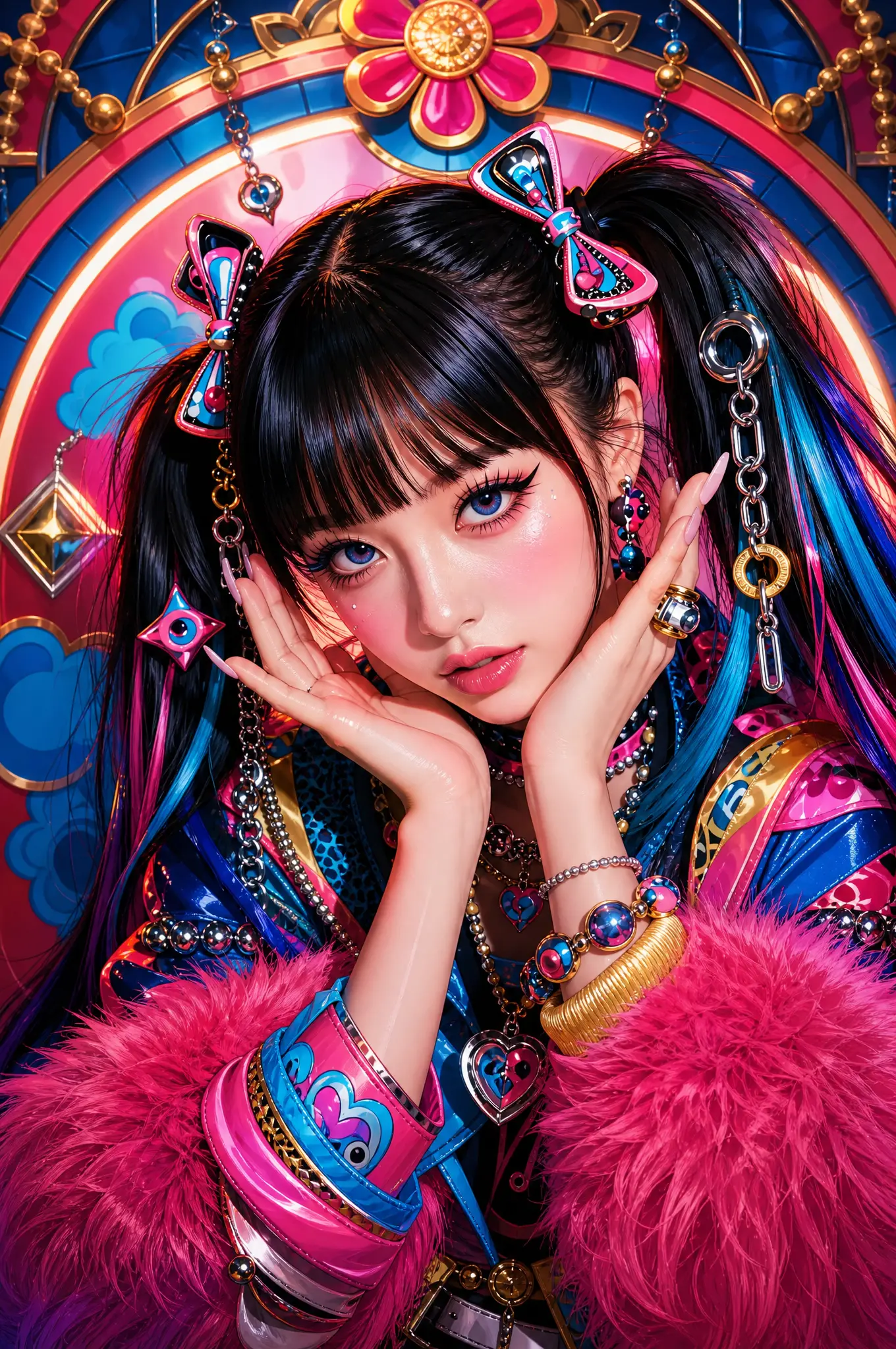 身穿華麗未來感服裝擺姿的時尚動漫女子