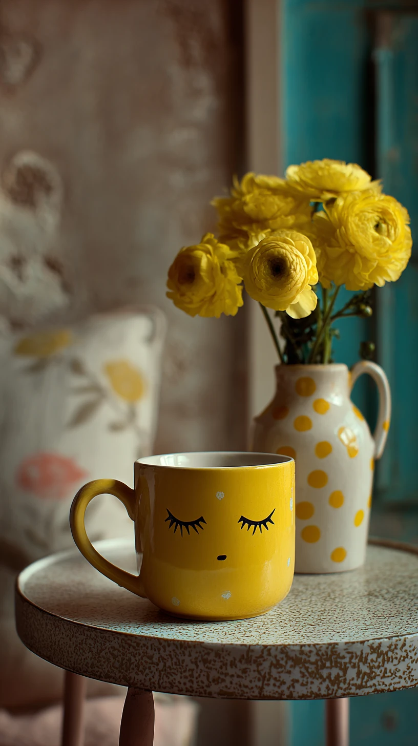 Tasse jaune et dahlias sur une petite table dans une cuisine chaleureuse