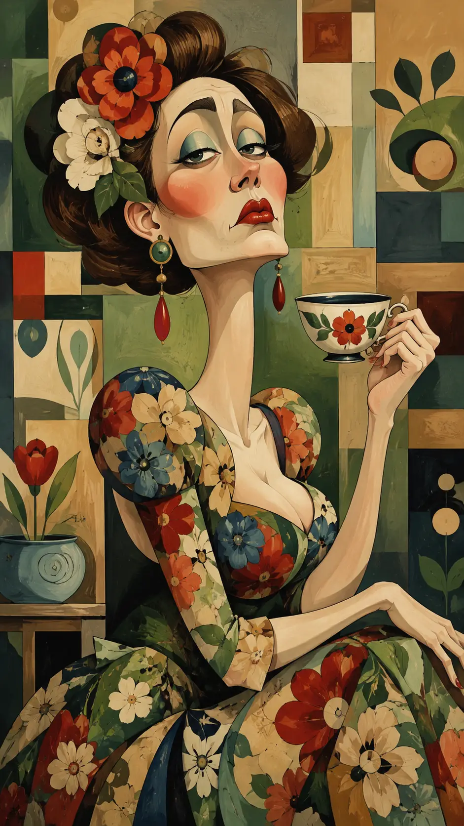 Illustration décorative satirique d’une femme en robe florale