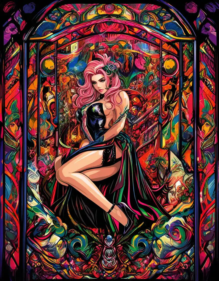 Donna fantasy dai capelli rosa in abito da gala scuro e opulento