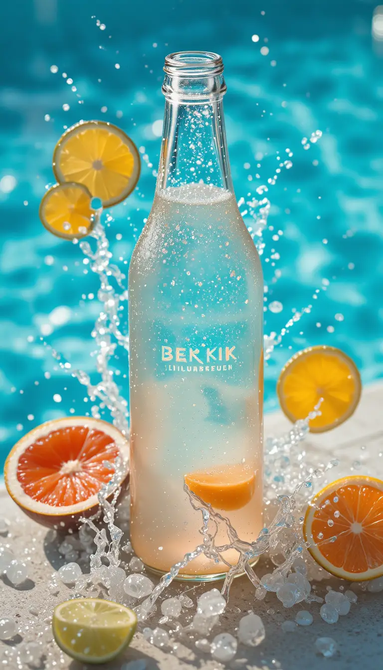 Botella de bebida tropical junto a piscina turquesa con agua salpicando