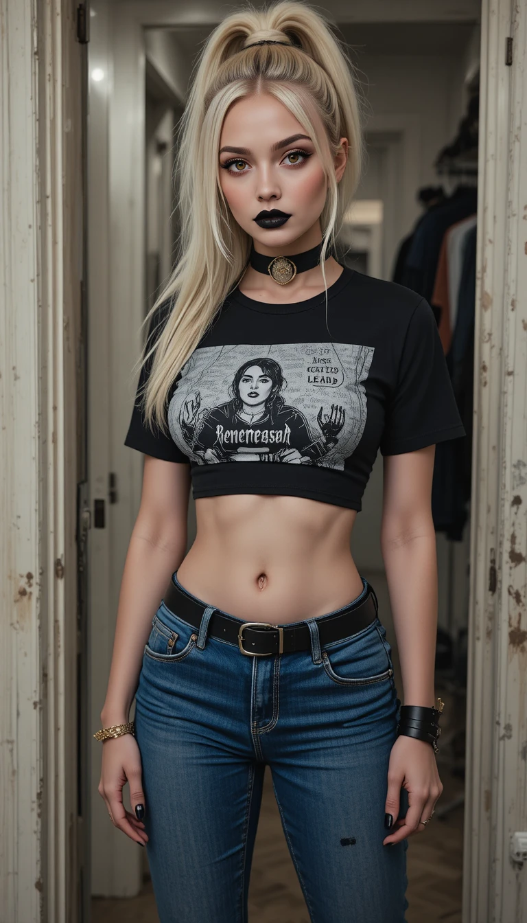 Gotisches blondes Mädchen im schwarzen Crop-Top in der Tür