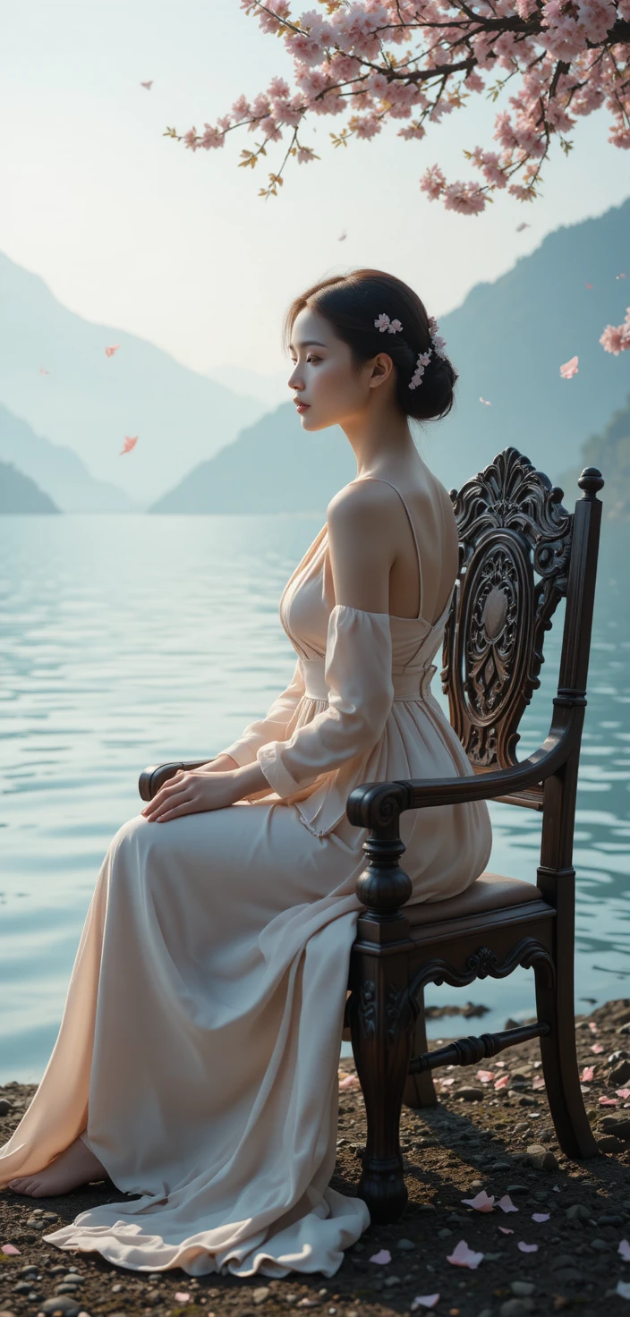薄霧湖畔穿著粉彩洋裝的日本女子