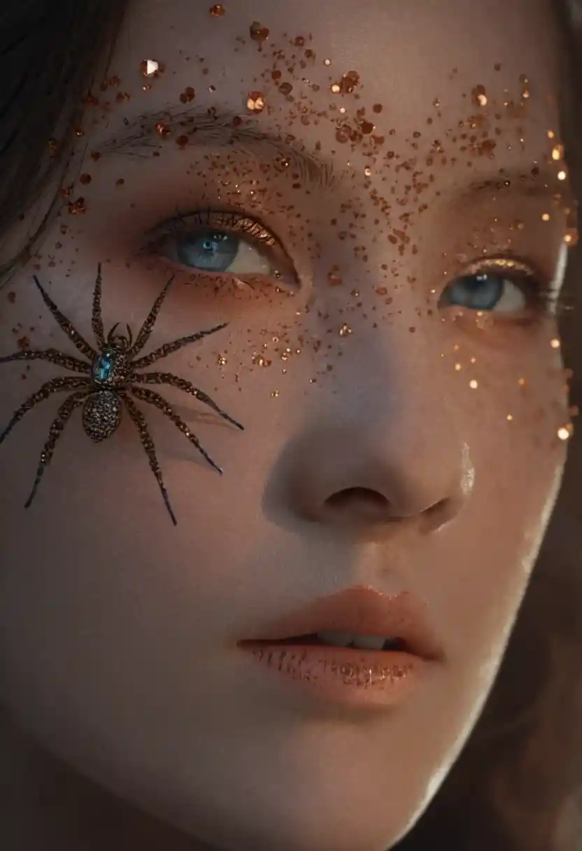 Extremes Close-up Beauty-Porträt mit geschmückten Spinnen