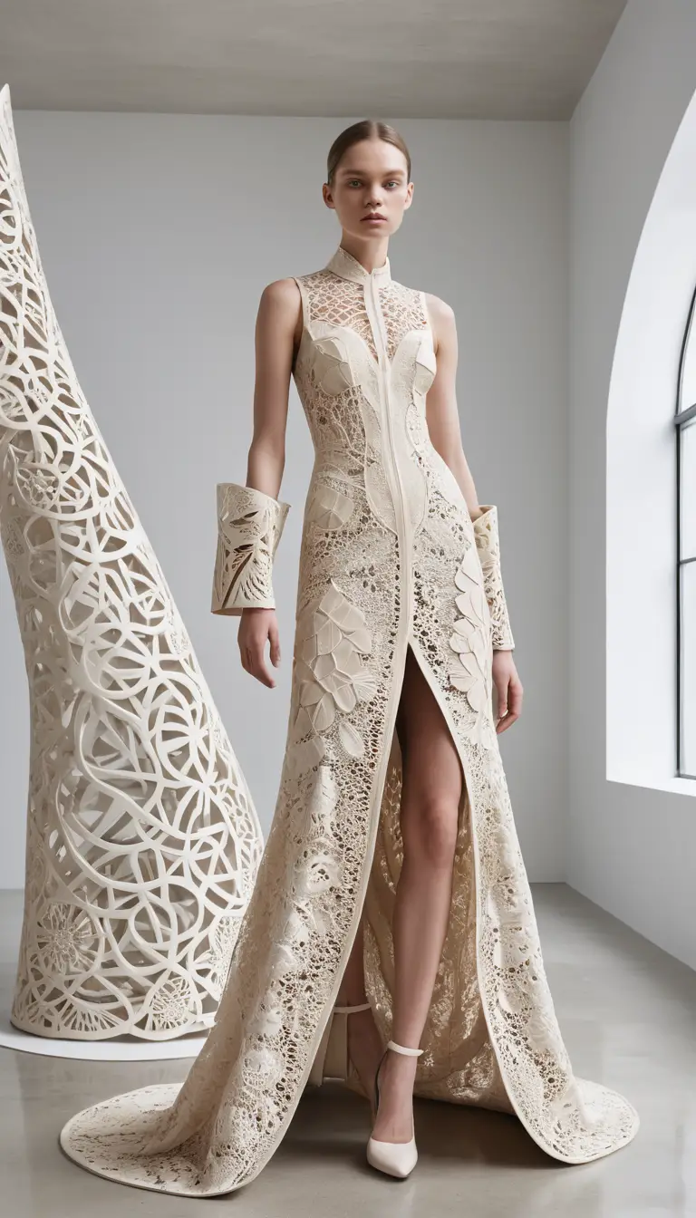 Avantgarde-Couture-Model in skulpturalem Spitzenkleid in Creme