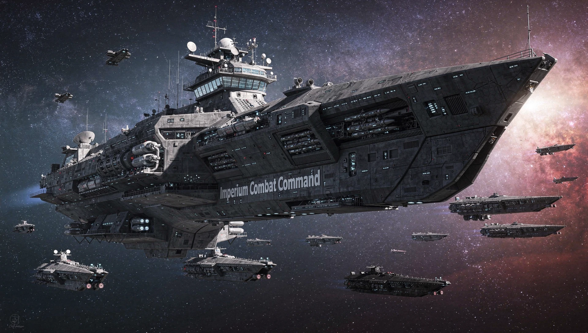 Imensa nave de guerra futurista cruzando o espaço profundo