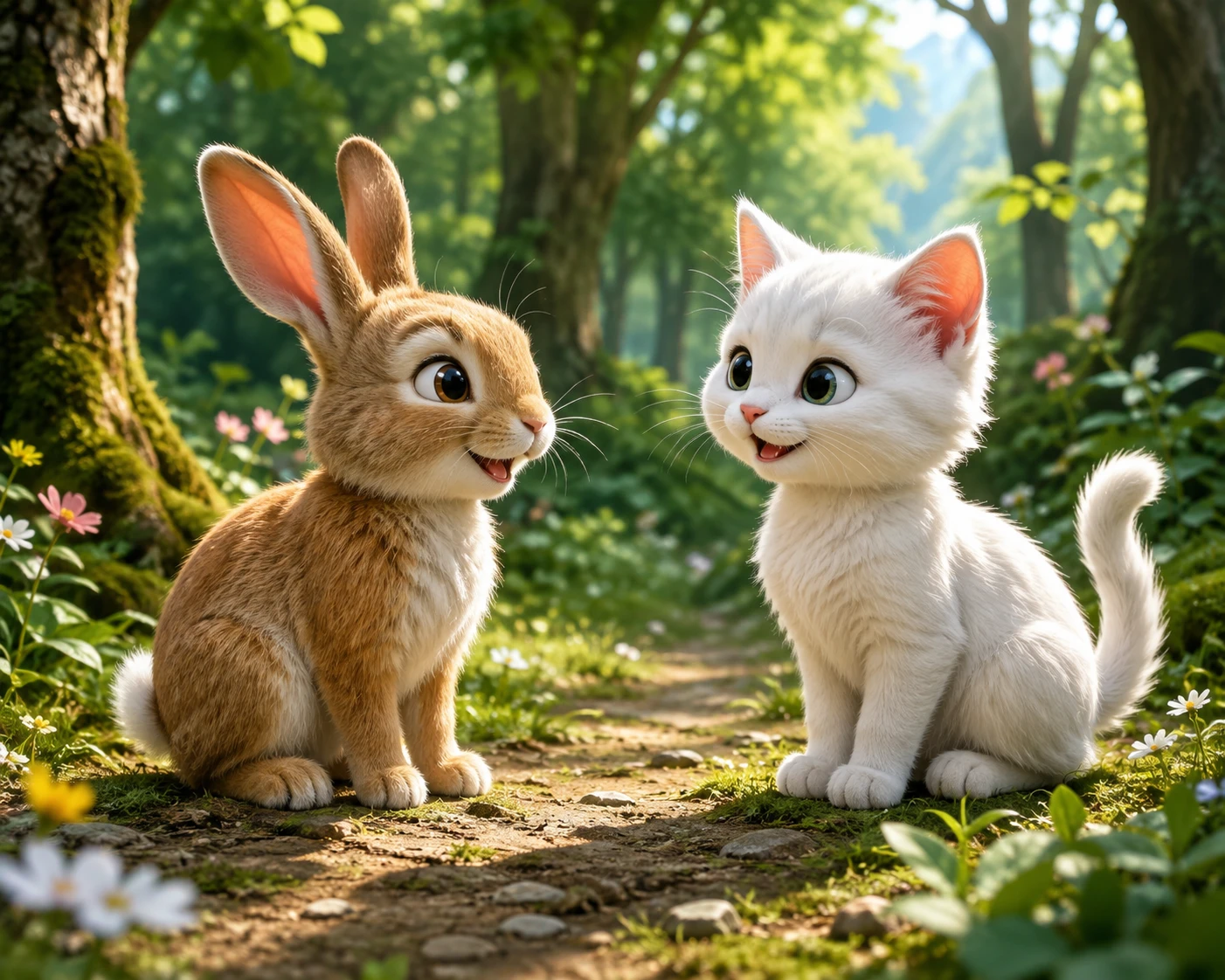 Lapin et chat blanc souriant dans une forêt verte