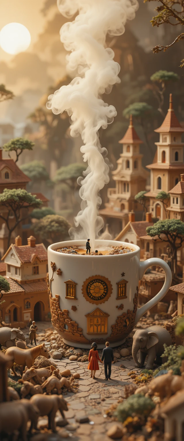 Latte géant dominant une ville miniature fantaisiste