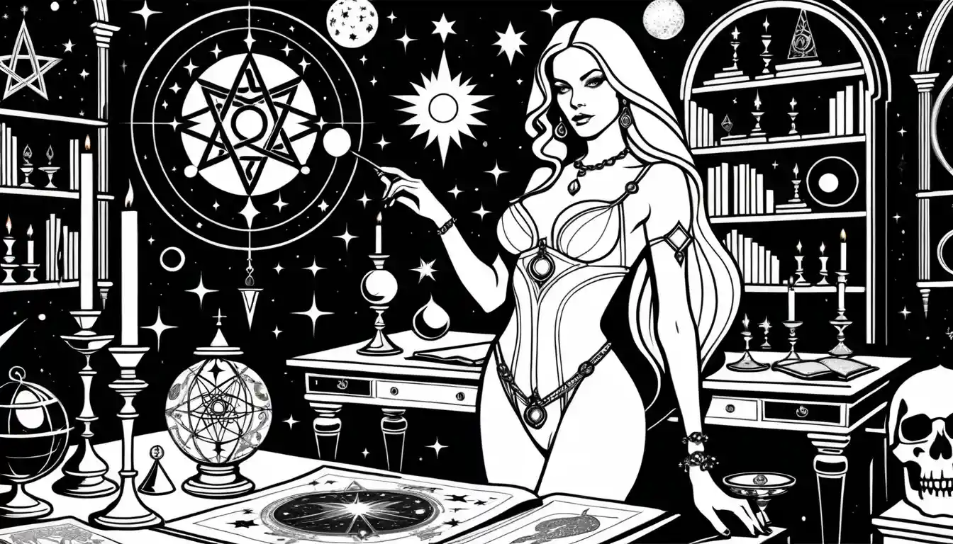 Blonde sorceress in a luxurious astronomy themed chamber