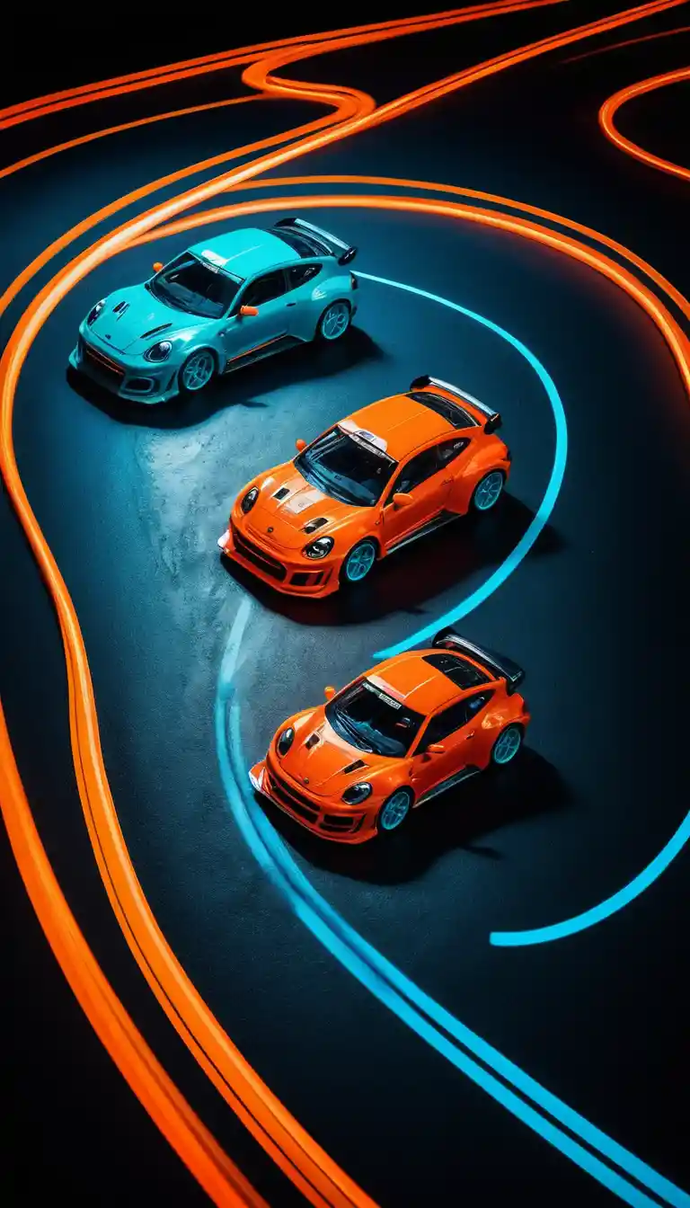 Miniatur-Rallyeautos mit Neon-Lichtspuren im Rennen