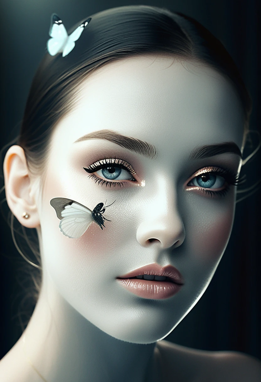 Retrato de beleza em close extremo com aranhas e glitter