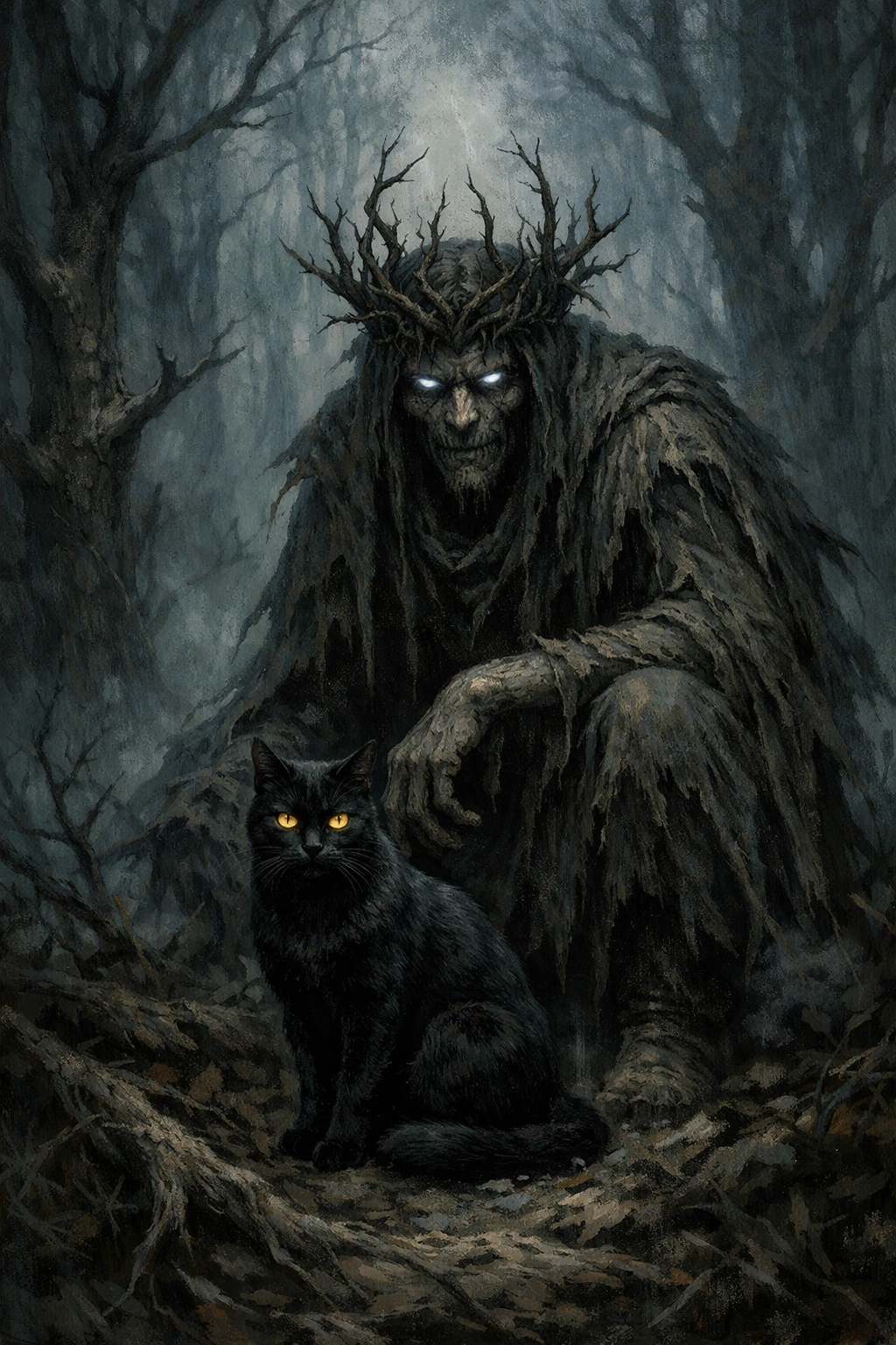 Mostro Scheletrico della Foresta con Corona e Gatto Nero Compagno