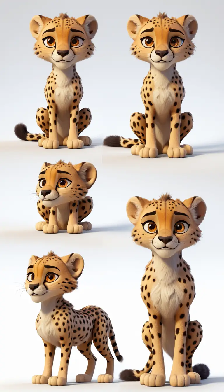 Scheda personaggio ghepardo 3D carino con pose espressive