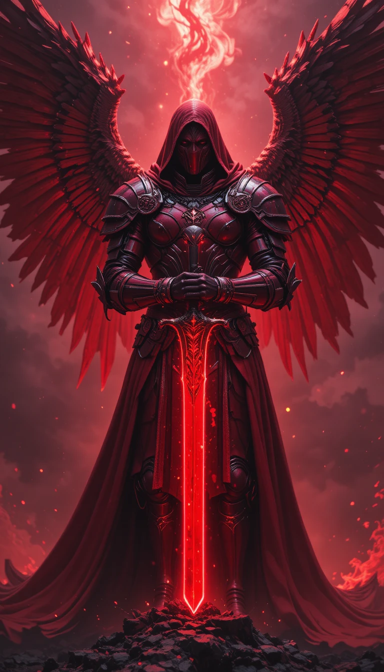 Arcanjo vermelho blindado com espada brilhante em chamas