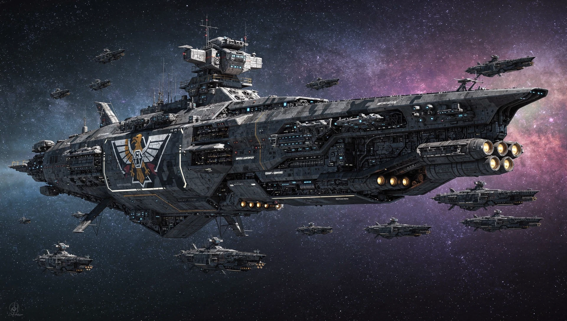 Kolossales Weltraum-Dreadnought-Kriegsschiff im tiefen Sternenfeld