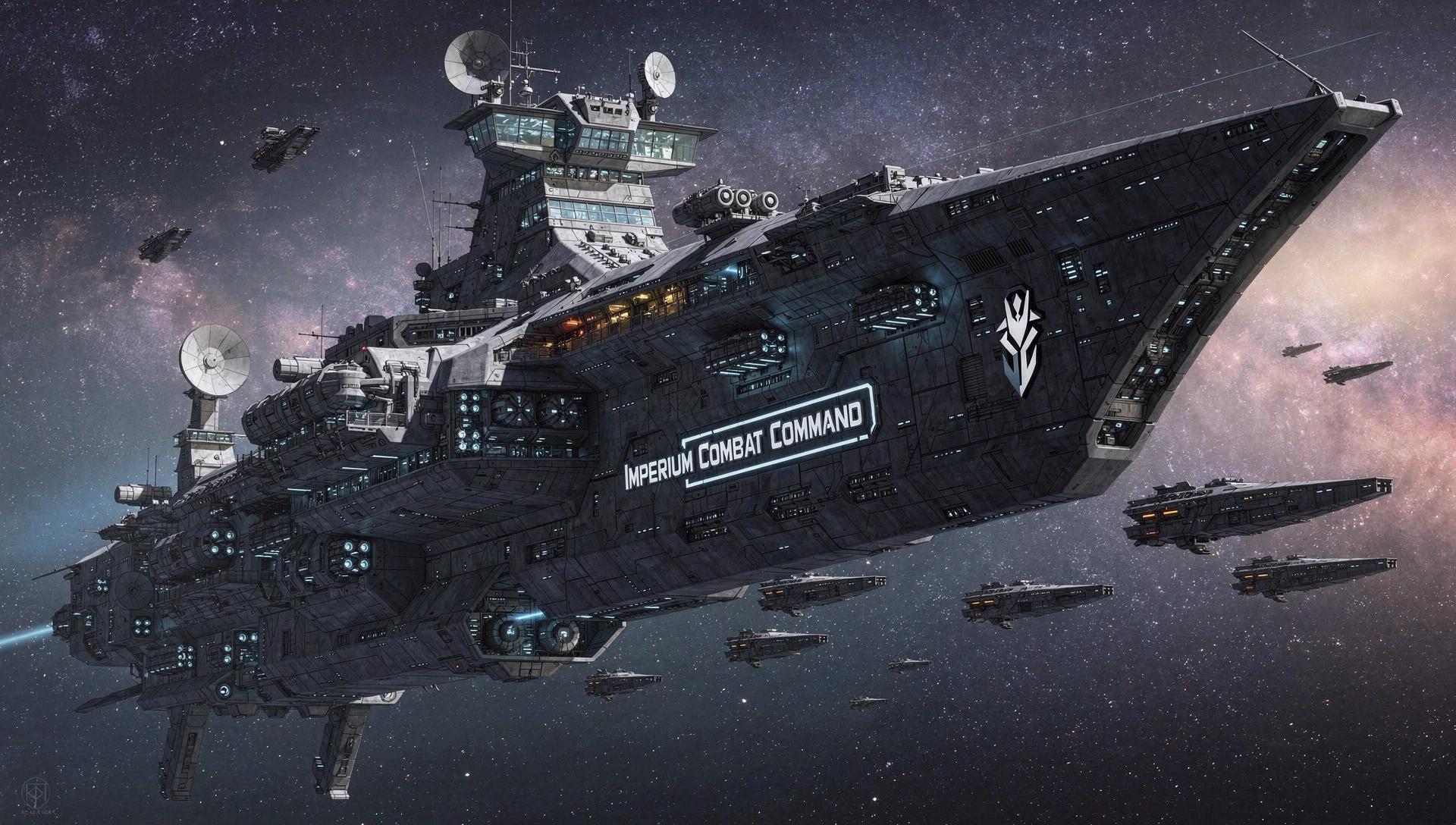 Gigantic sci fi dreadnought warship in deep outer space