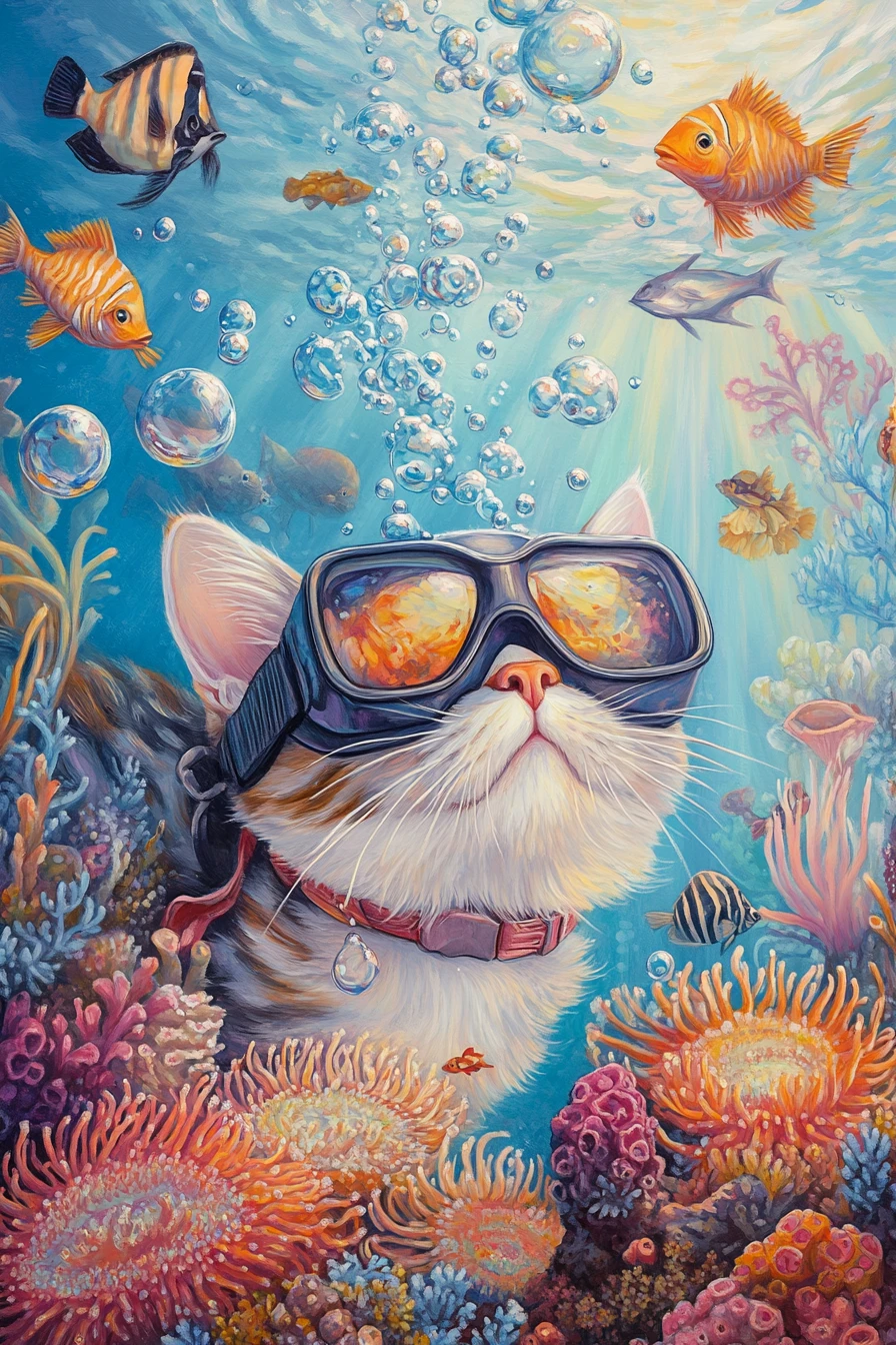 Gato fazendo snorkeling de forma brincalhona entre peixes coloridos e anêmonas