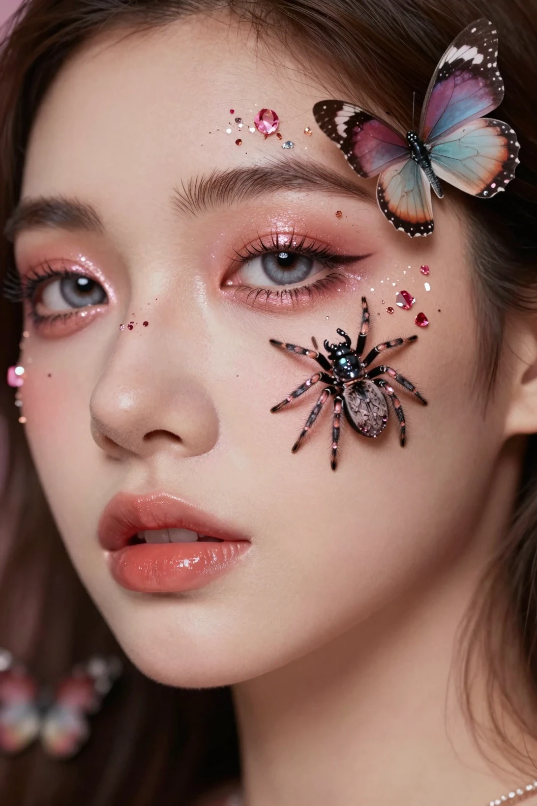 Retrato em close extremo de mulher com aranhas cravejadas de joias