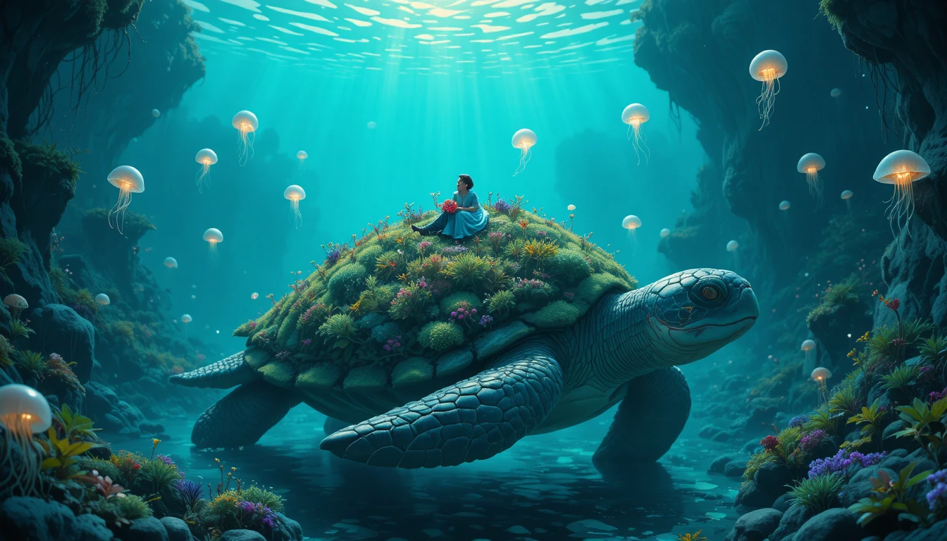 浅瀬の海で苔庭のカメの上で眠る旅人