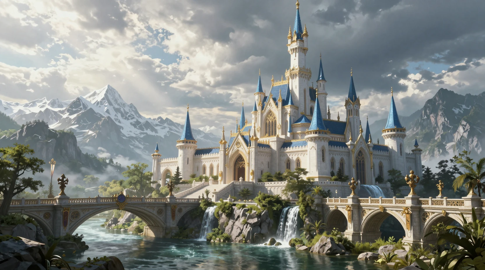 Majestueuse cité-château fantastique surgissant d’une rivière de montagne
