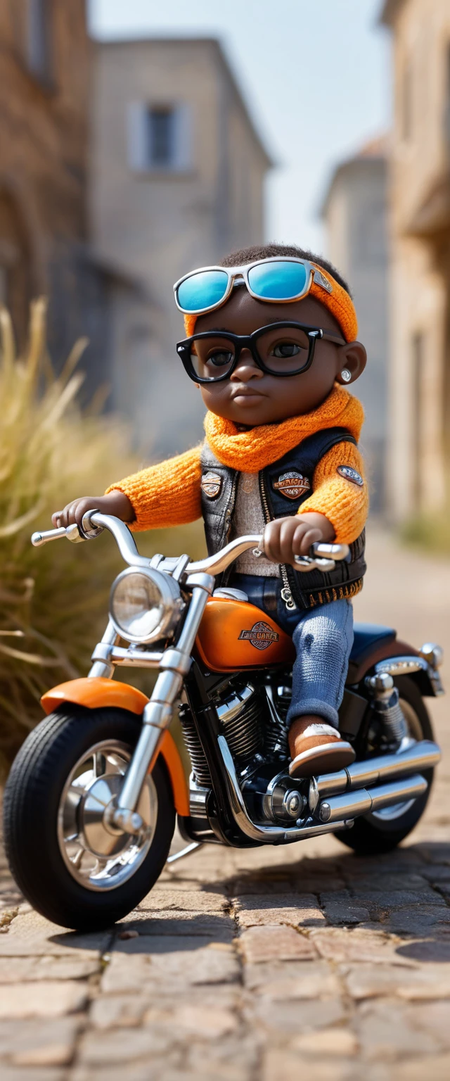 Bebê motociclista africano atravessando cidade em chamas