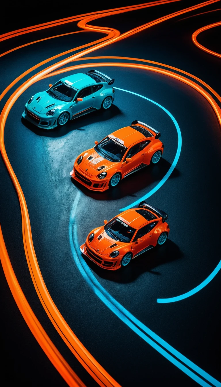Miniatur-Rallyeautos mit Neon-Lichtspuren im Rennen