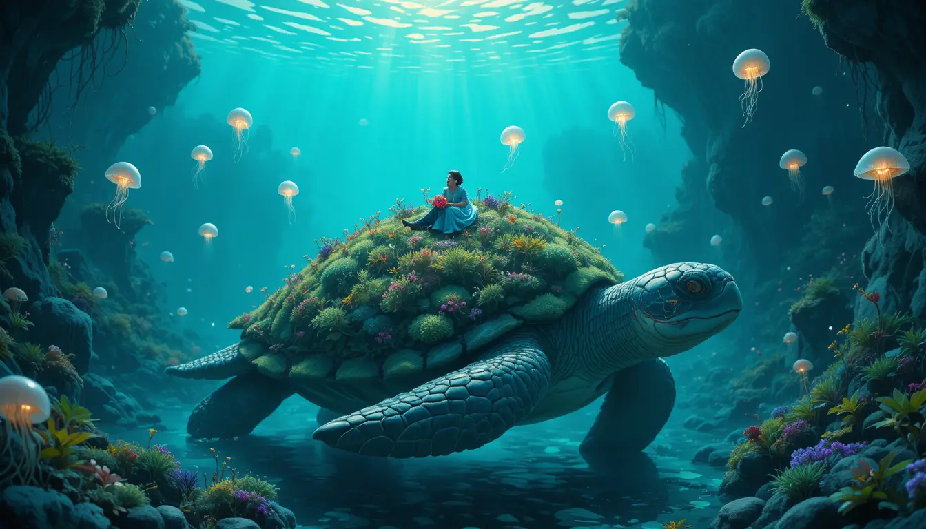 Voyageur dormant sur une tortue-jardin de mousse en mer peu profonde