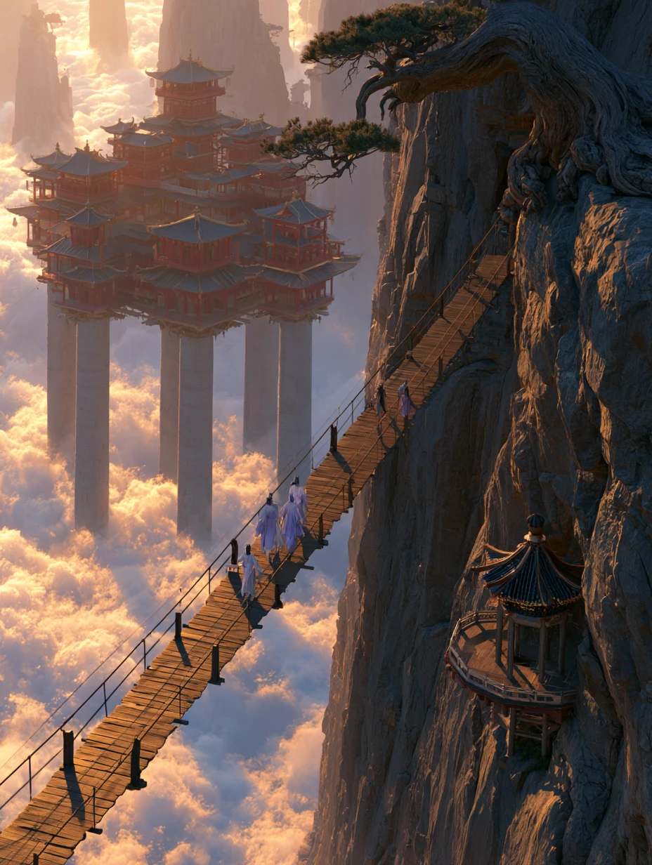 Schwebende chinesische Paläste über goldenen Wolken mit Klippenbrücke
