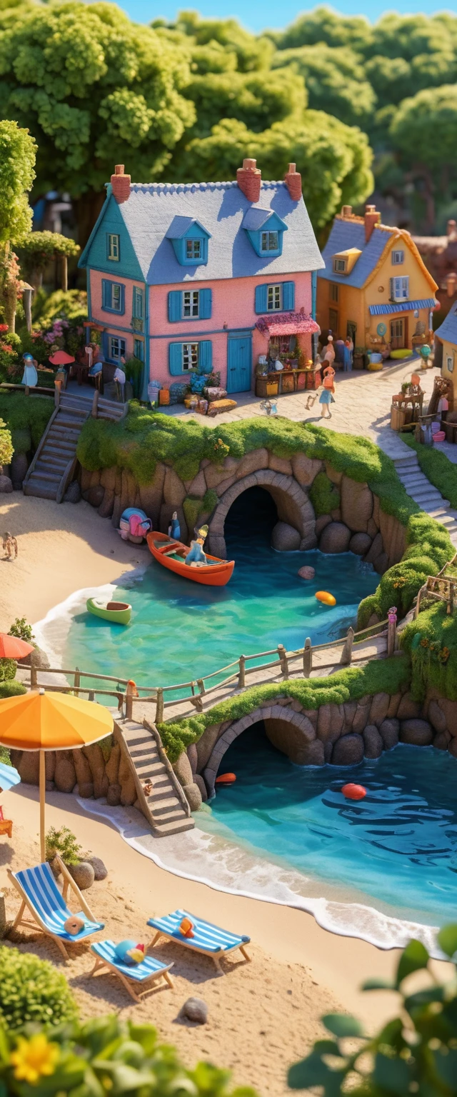 Illustrazione di un accogliente paradiso in giardino con scena di spiaggia in miniatura