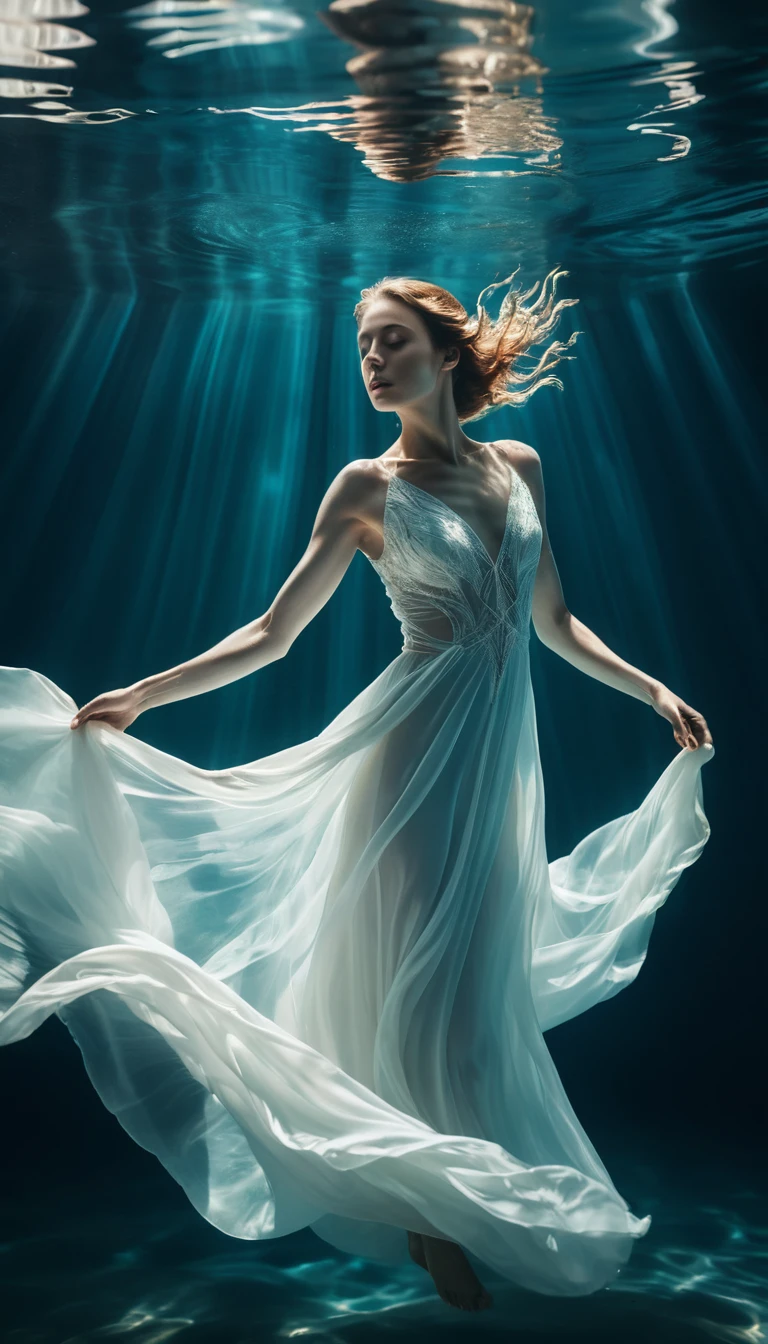 Anmutige Frau, die in fließendem Seidenkleid unter Wasser schwebt