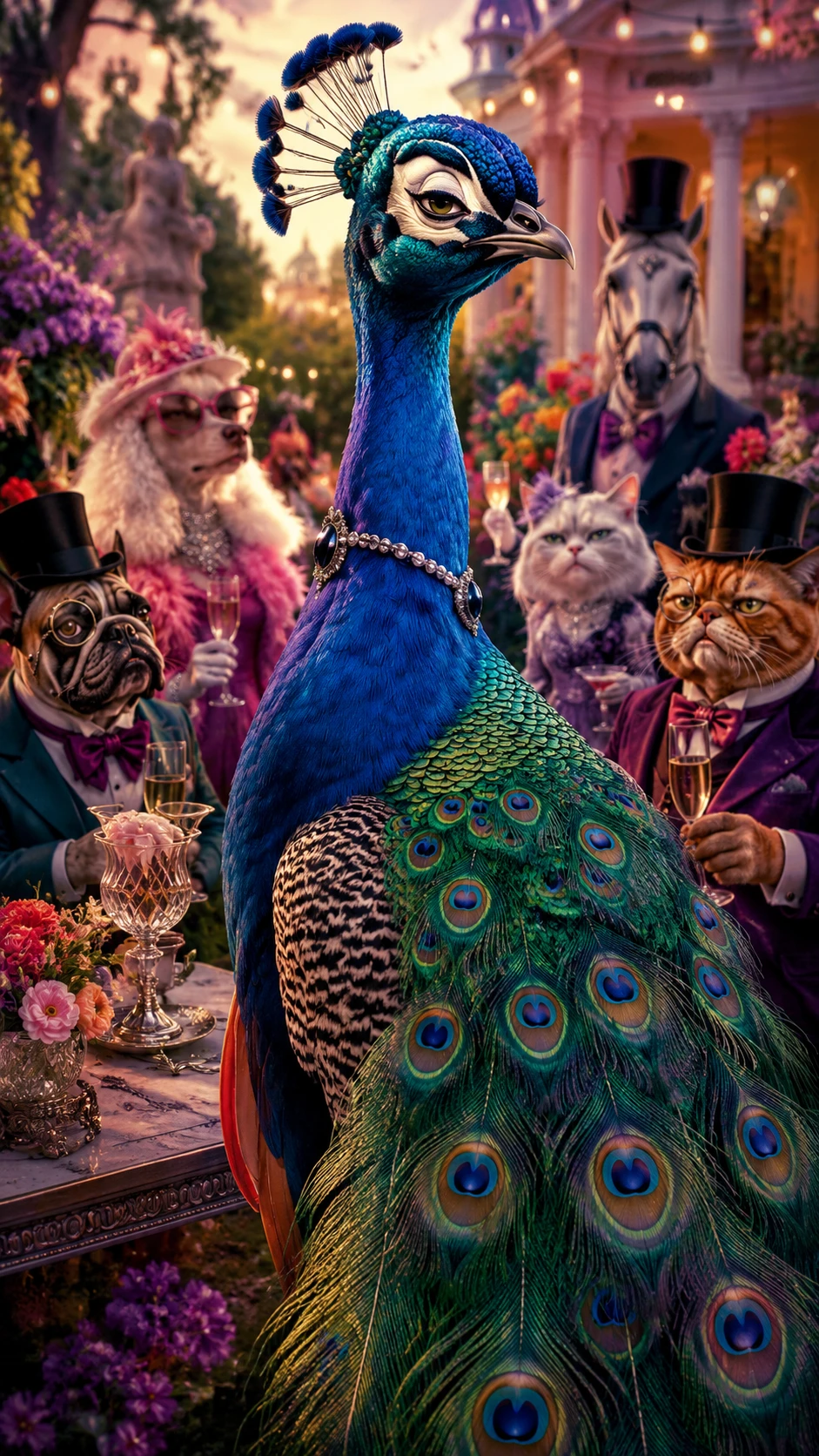 Pavão orgulhoso julgando os convidados em uma festa no jardim cheia de cores