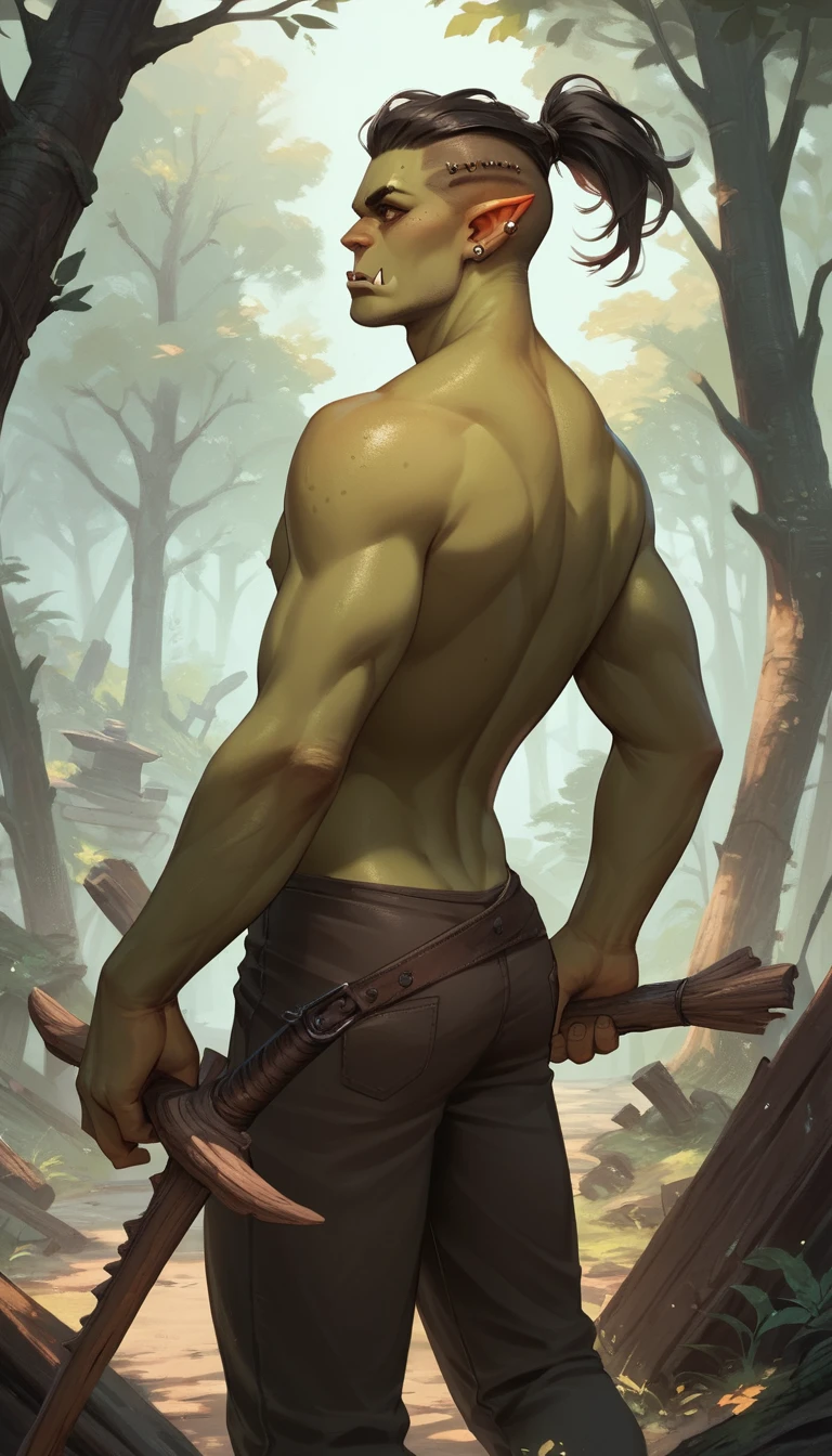 Guerreiro orc segurando uma arma de madeira na floresta