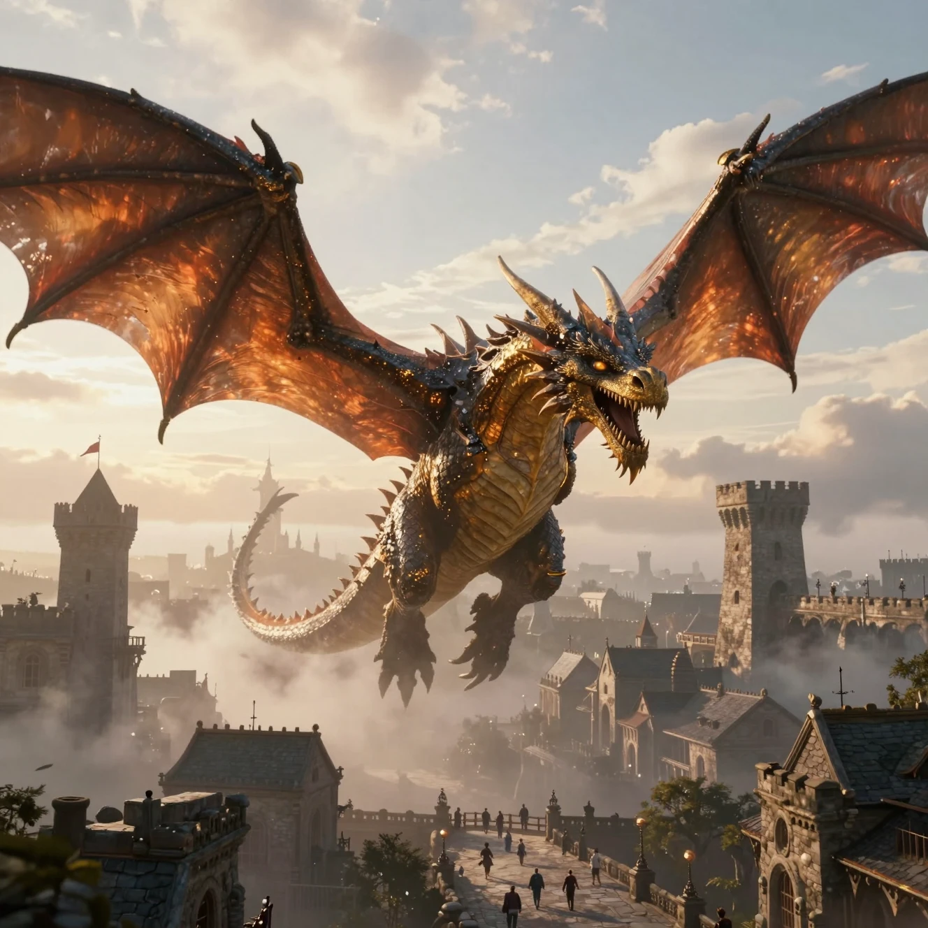 Dragão ancestral sobrevoando uma vasta cidade medieval ao amanhecer