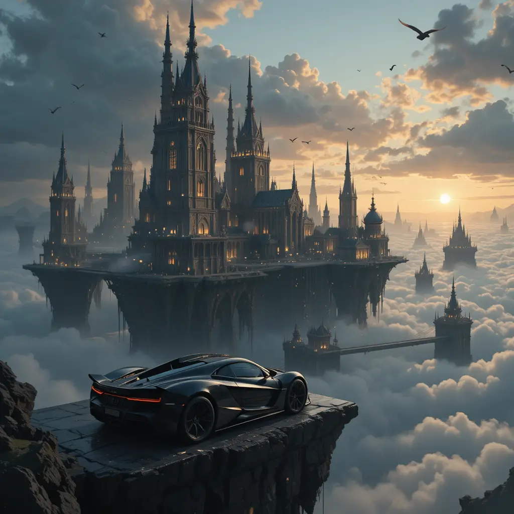 Gigantische schwebende Fantasy-Stadt über einem Meer aus Wolken