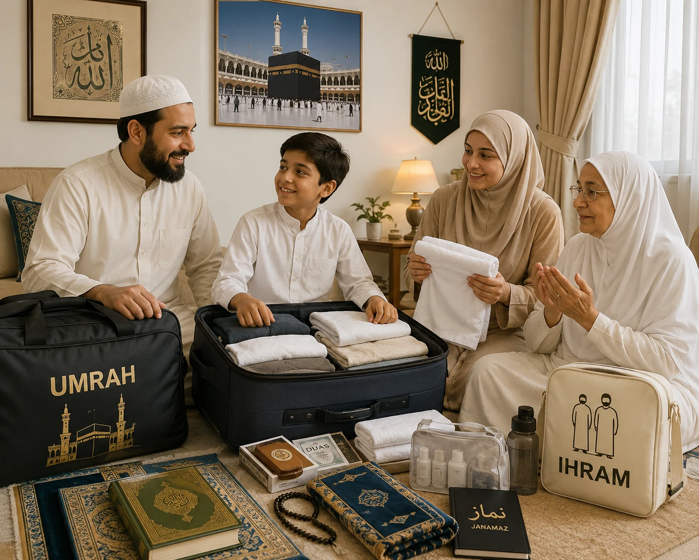 Família muçulmana se preparando em casa para a próxima viagem de Umrah