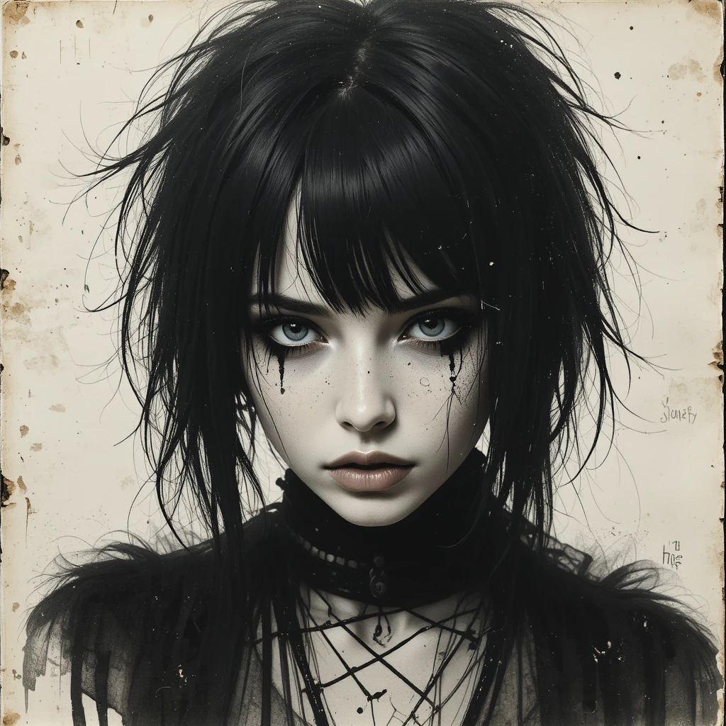 Retrato de garota gótica punk com texturas de papel desgastado