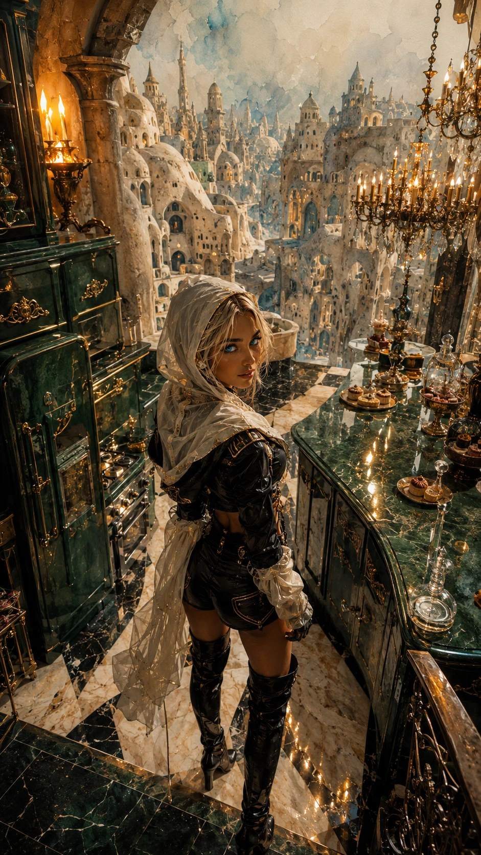 Mulher elegante contemplando uma cozinha surreal de castelo luxuoso