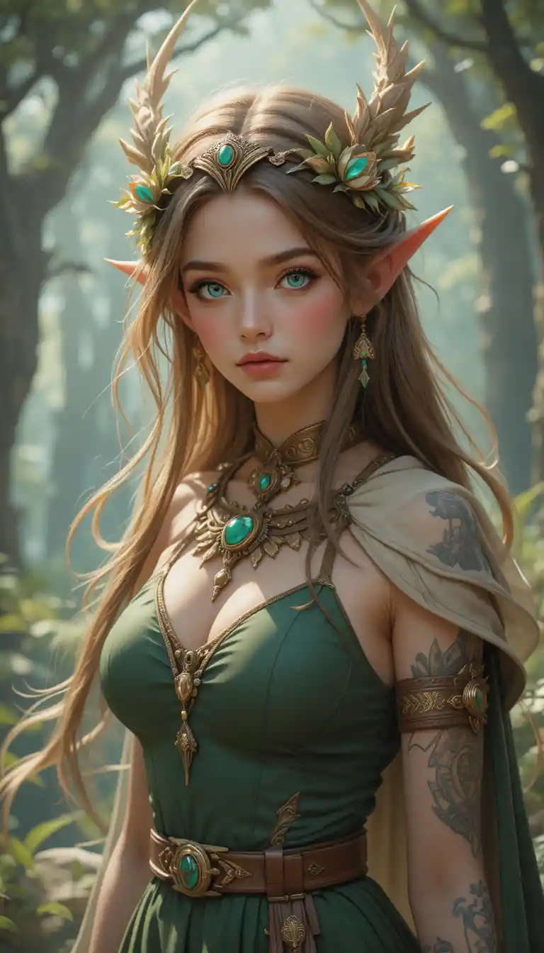 Donna fantasy cornuta con coda di drago in abito da foresta