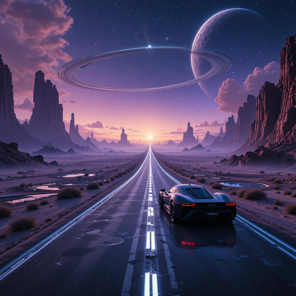 Carro futurista em rodovia alienígena sob um vasto céu cósmico