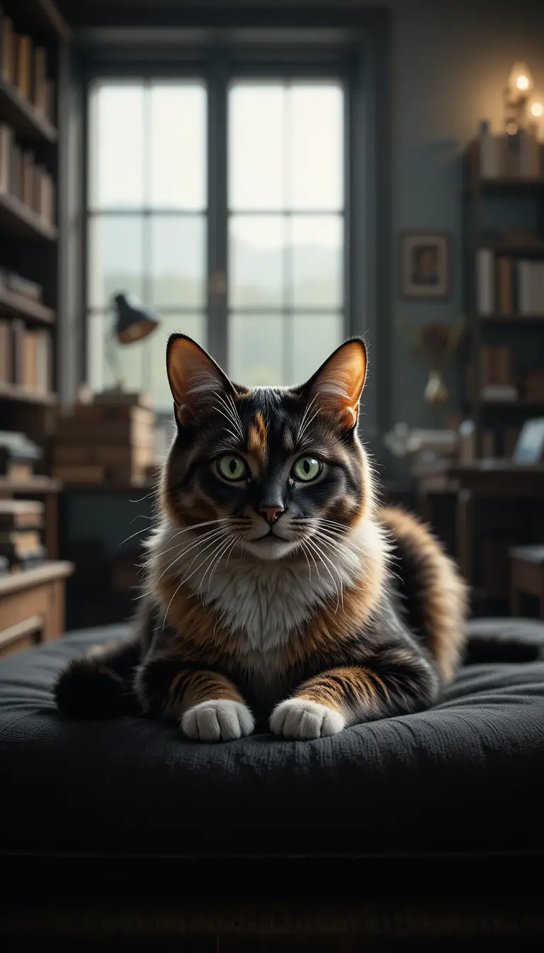 Dreifarbige Katze auf Samtkissen in stimmungsvoller Studierstube