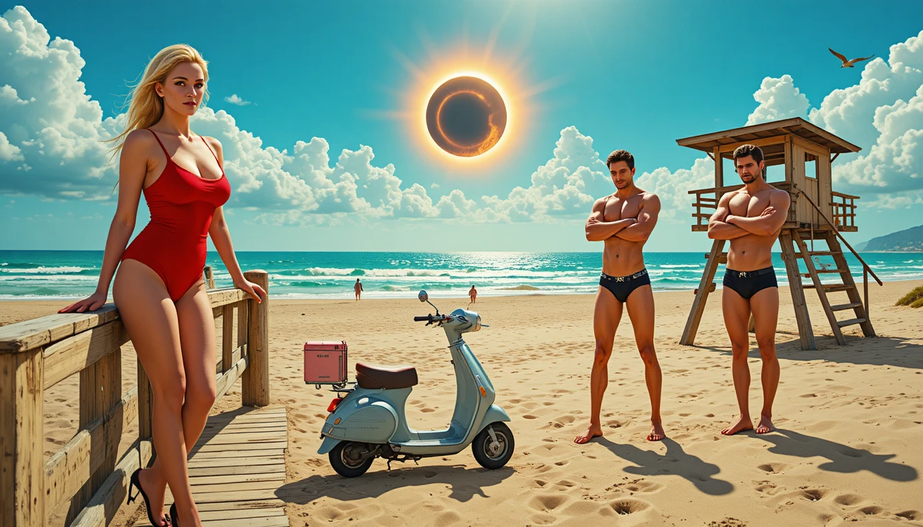 Bionda in costume rosso appoggiata al pontile sulla spiaggia