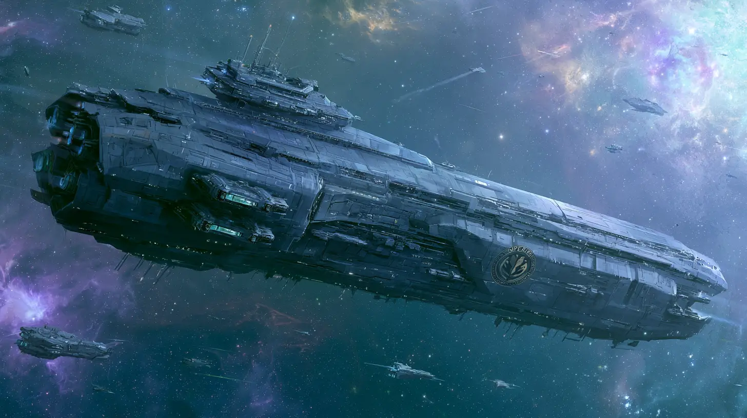 Immense croiseur de bataille sci‑fi dans le profond espace lointain