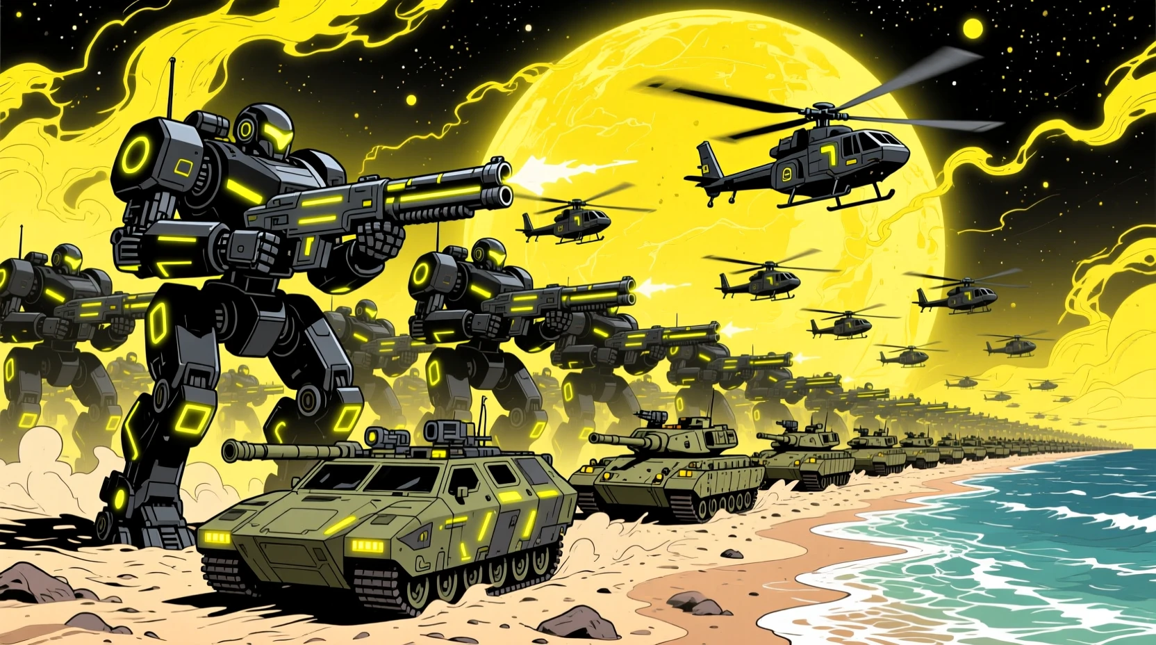 Convoglio militare futuristico che attraversa una spiaggia sci‑fi