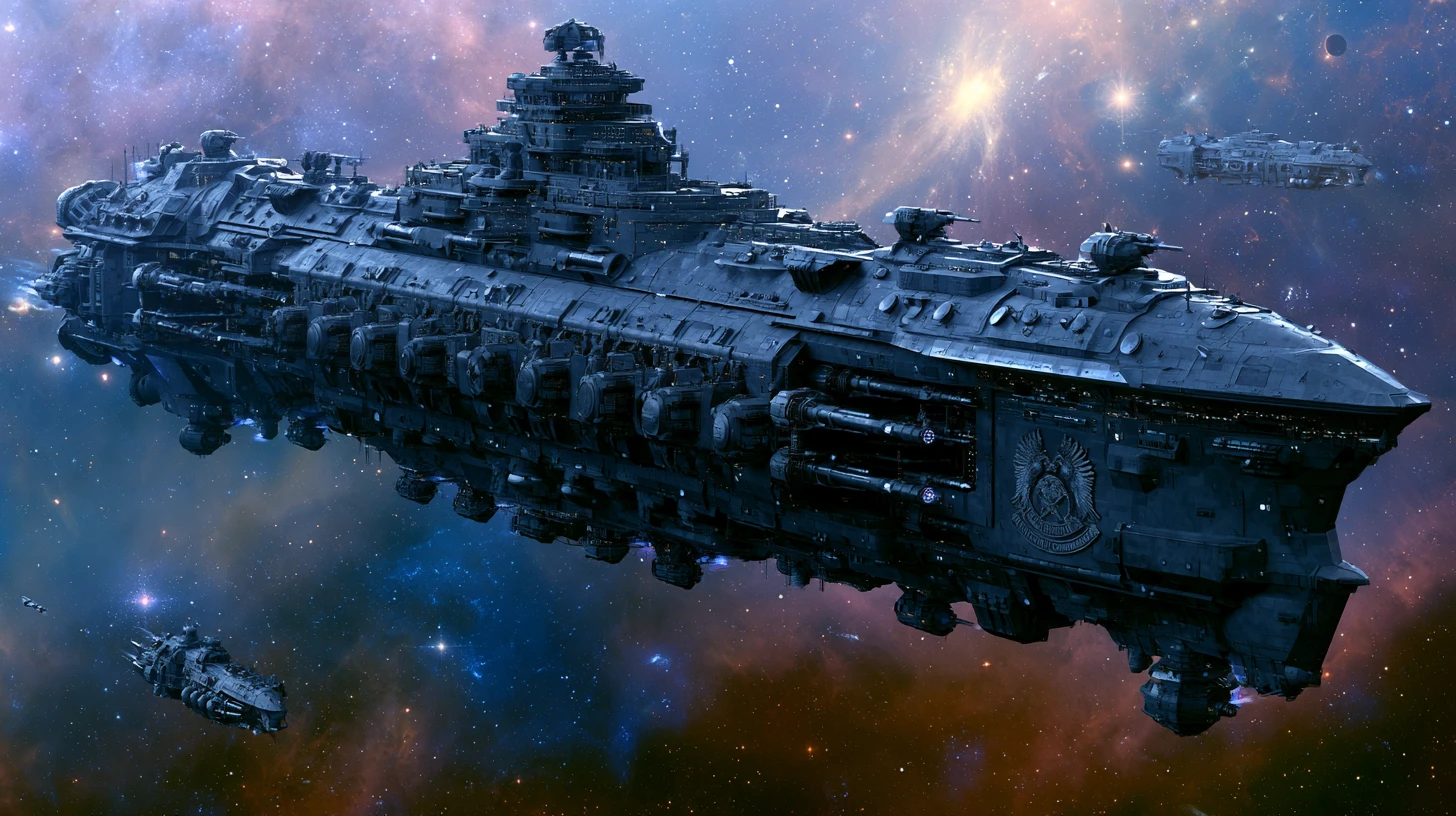 Futuristisches Steampunk-Dreadnought-Kriegsschiff im tiefen Weltraum