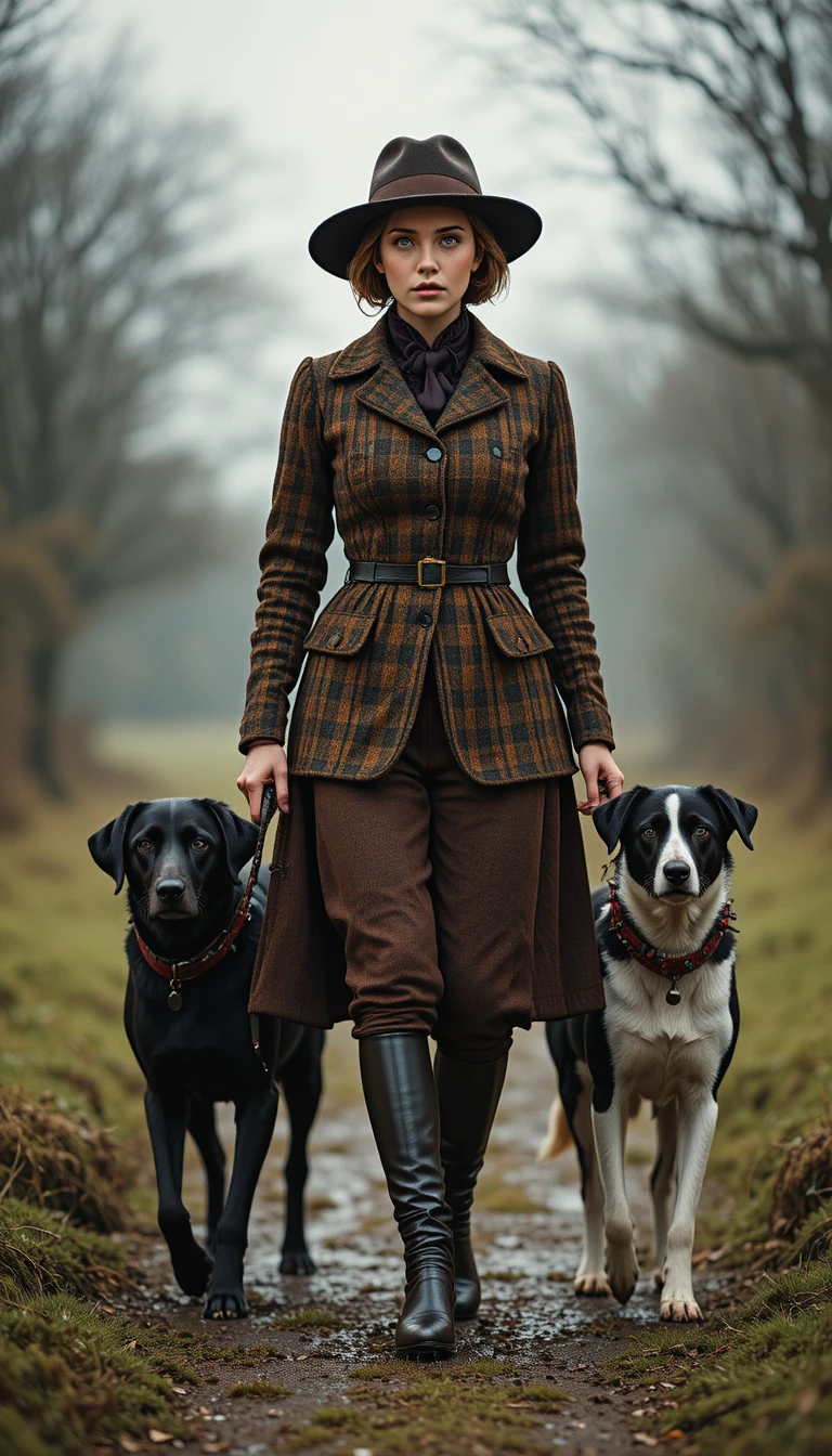 Elegante mulher do campo caminhando à frente com seus dois cães