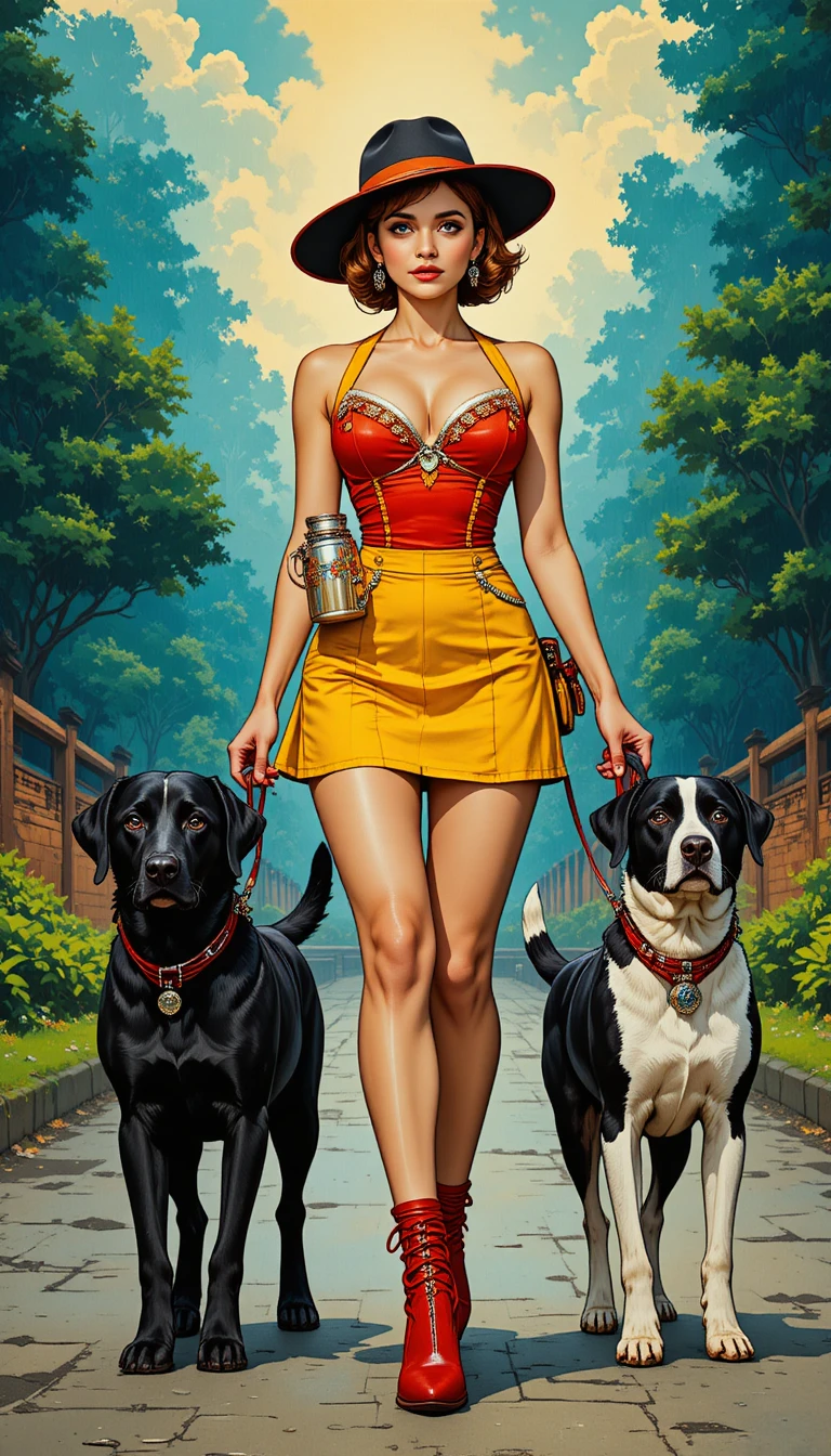 Femme sûre d’elle avançant avec deux chiens aux aguets