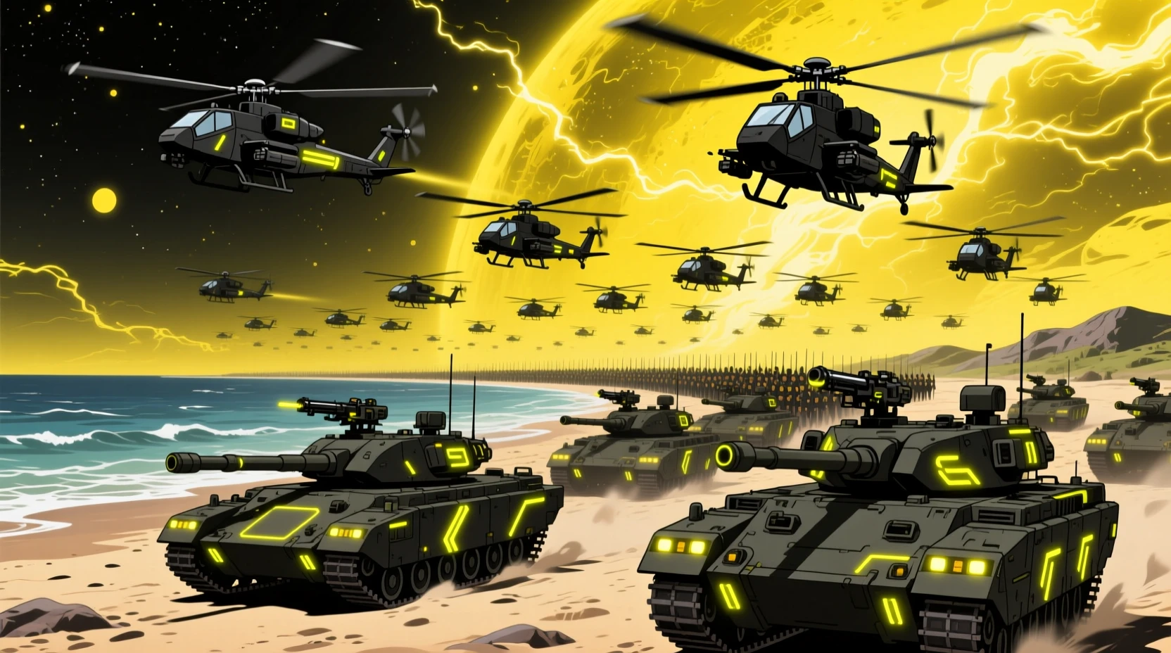 Comboio militar futurista avançando por uma praia luminosa