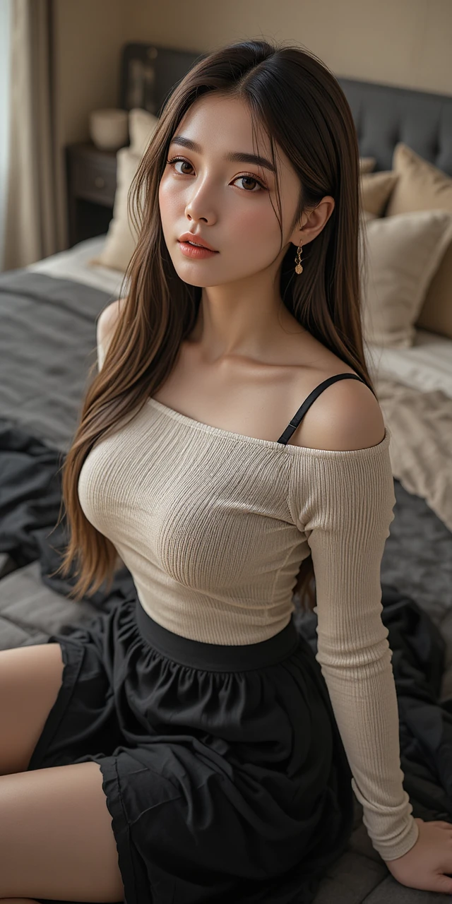 Asiatische Frau in gemütlichem Schlafzimmer, Fashion-Shot von oben