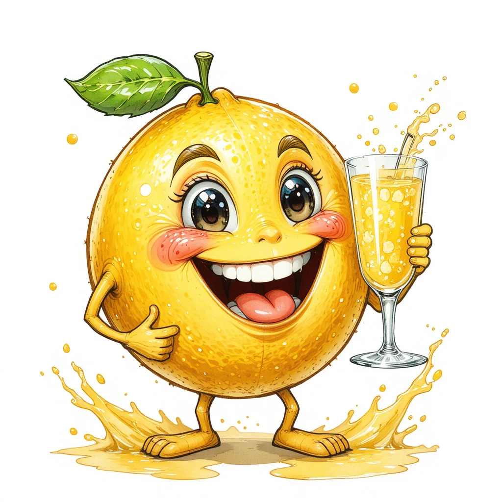 Lächelnde Cartoon-Zitrone hält ein frisches Glas Limonade